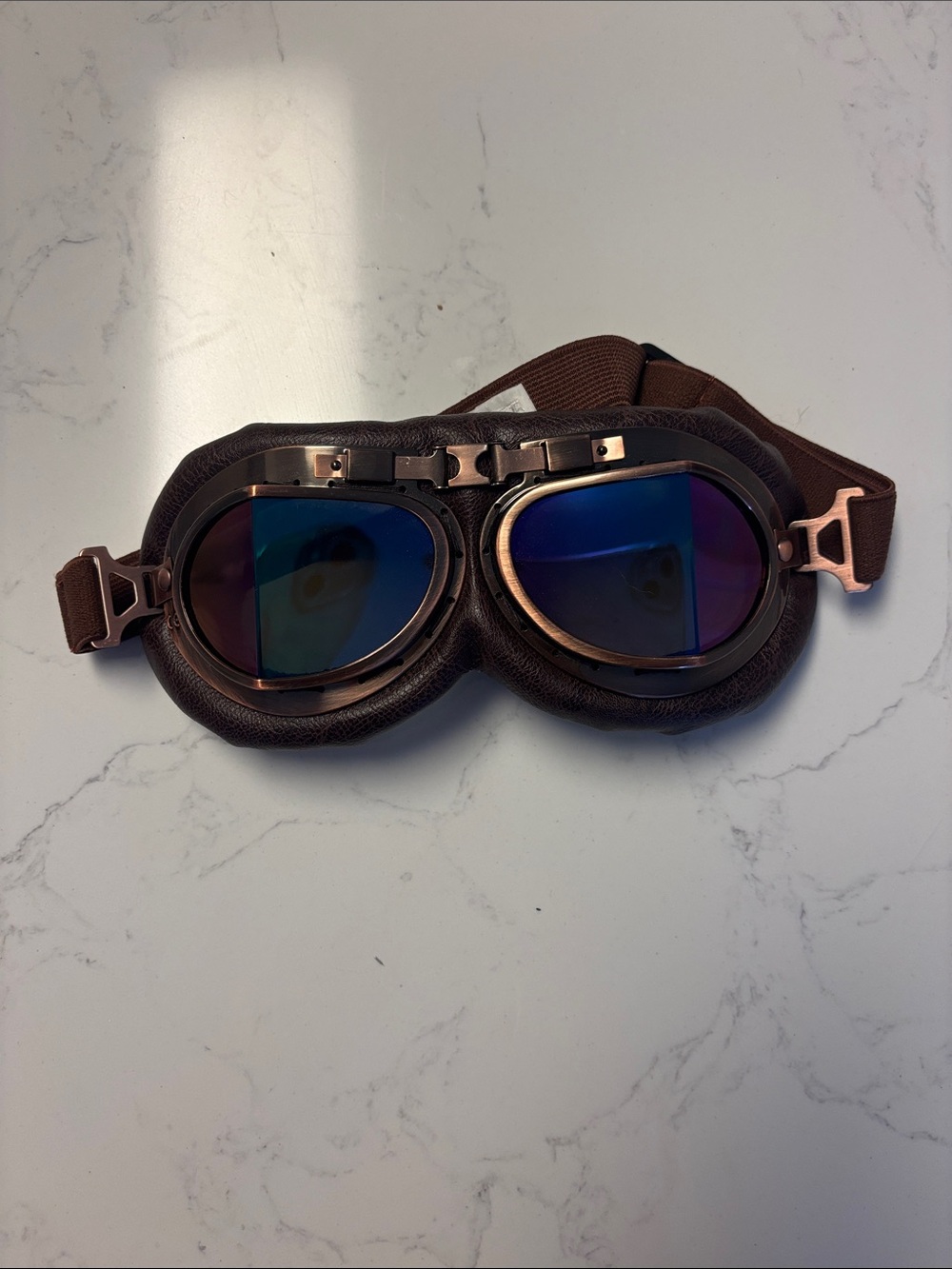 Aviator Style Brown Leather Goggles with Blue Mirrored Lenses